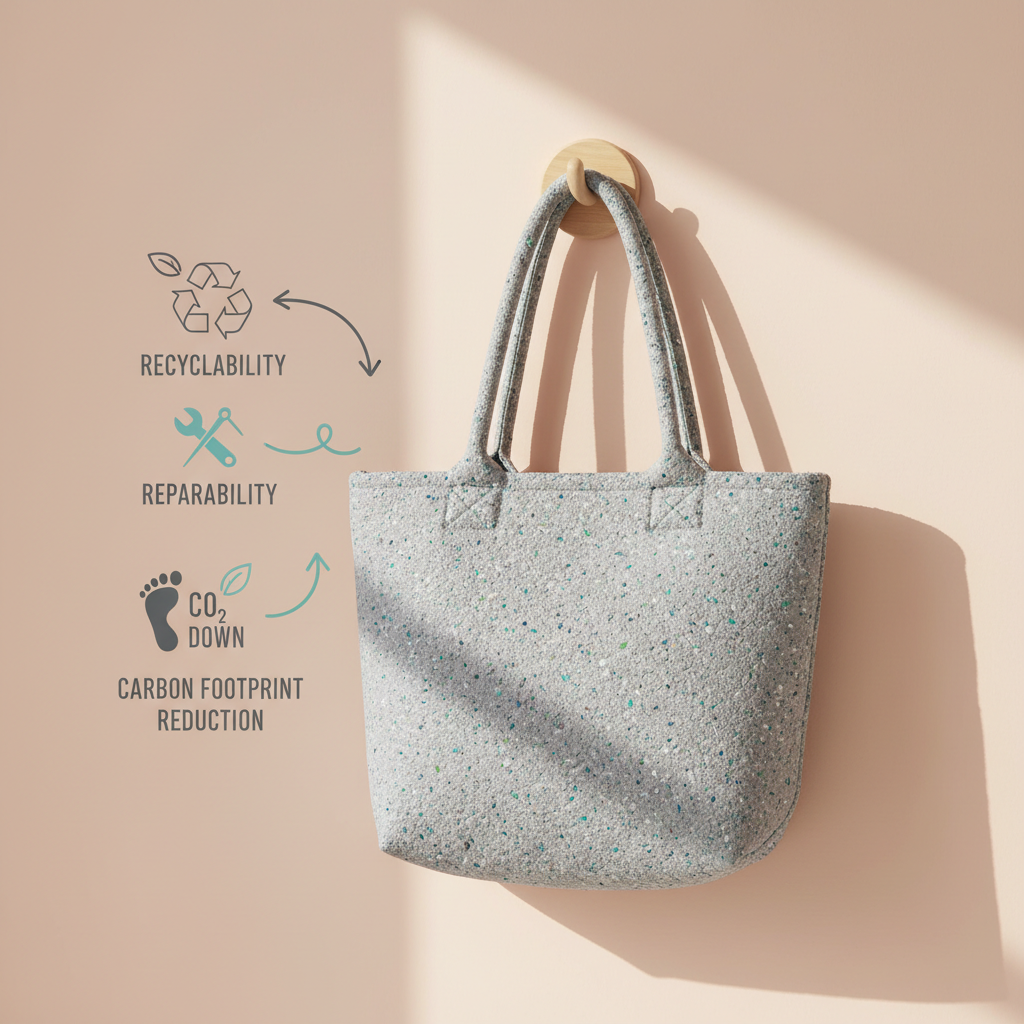 A durable, stone-grey tote bag made from recycled ocean plastic, with visible speckled fibers and rounded, padded handles, hangs from a curved wooden hook on a smooth, pastel peach wall. Next to it, minimalist icons and hand-drawn arrows are printed on the wall, playfully pointing out eco-features like recyclability, reparability, and carbon footprint. Soft diffused daylight from an unseen window on the right bathes the scene, creating smooth gradients and gentle shadows that echo the rounded shapes. The composition uses the rule of thirds, with the tote slightly off-center and plenty of negative space for airy clarity. Photographic realism with bright colors and whimsical layout gives a warm, educational, and optimistic atmosphere about sustainability.