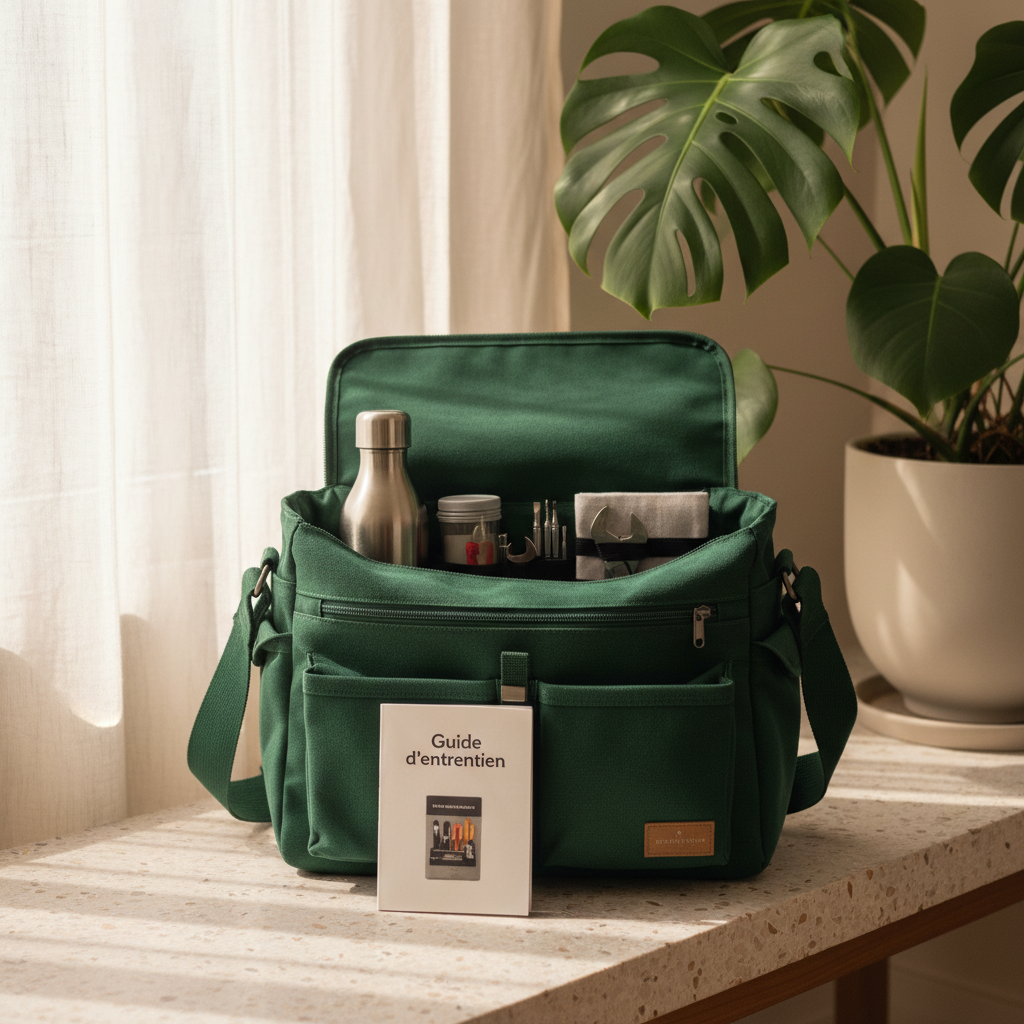 An open, durable messenger bag in deep forest green recycled canvas sits on a light terrazzo bench beside a potted monstera, with its contents intentionally displayed: a stainless steel water bottle, a compact repair kit with tiny tools, a folded patch kit, and a neatly printed “Guide d’entretien” booklet. Sunlight from a nearby window filters through sheer curtains, casting dappled, rounded patches of light on the bag and bench. The mood is calm, reassuring, and practical, like a gentle reminder to care for what you own. The camera is at eye level, slightly angled to reveal both interior organization and exterior structure, with moderate depth of field so the background plant and soft-toned wall are gently blurred. The photographic style is warm and inviting, emphasizing longevity and reparability.