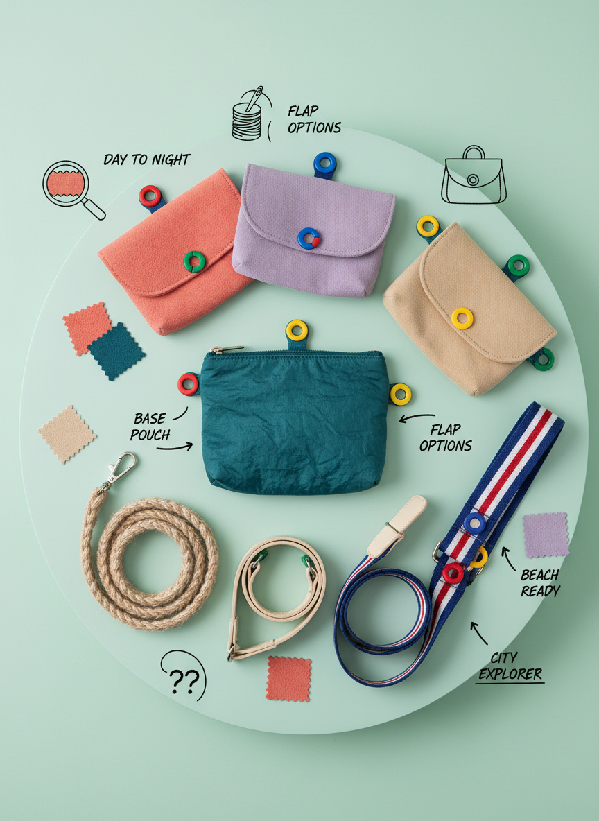 A flat-lay of a customizable, mix-and-match bag system spread across a rounded, mint-green tabletop. There is a compact base pouch in deep teal recycled nylon, several flap options in coral, lilac, and sand, and straps in braided hemp, smooth vegan leather, and wide sporty webbing. Each piece has tiny, colorful, circular connectors that click together like a playful construction set. Small icons, fabric swatches, and handwritten-style labels are scattered around to suggest different combinations. Overhead, soft studio lighting creates even illumination with minimal shadows, highlighting textures while keeping a bright, friendly vibe. Shot as a crisp overhead photographic image, with a dynamic yet organized composition that feels like an inspiring “create your own bag” tutorial.